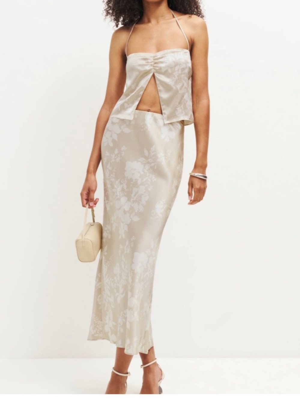 Reformation Champagne Floral Satin Maxi Skirt